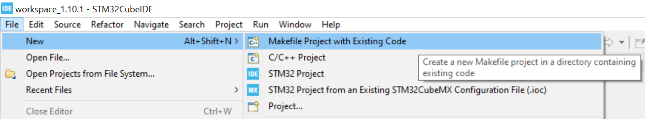 CubeIDE New Project wizard with Makefile Project with Existing Code selected