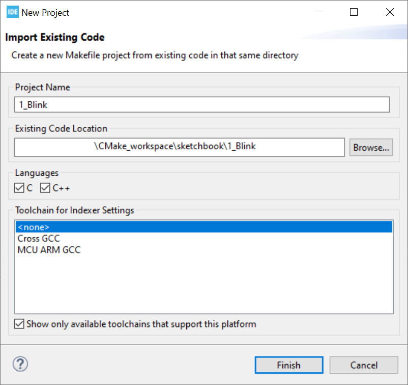 CubeIDE project import settings with the project location selected