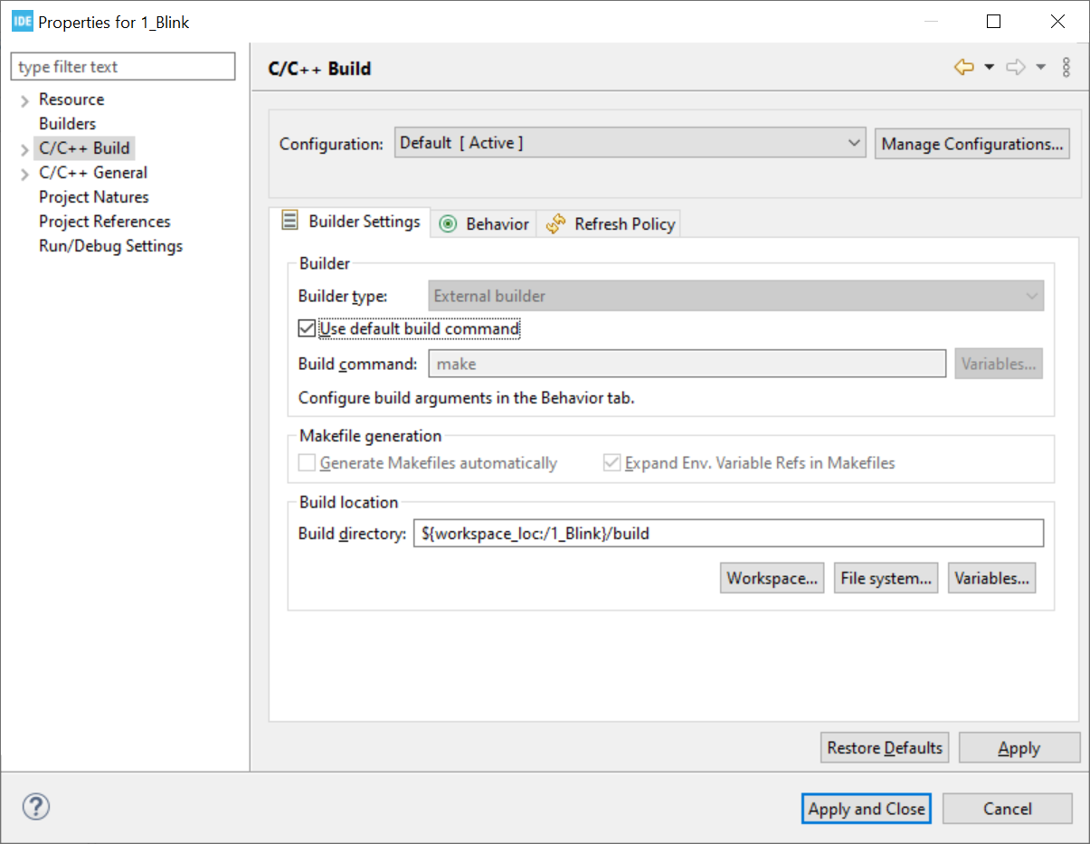 CubeIDE C/C++ build Builder Settings for the imported project