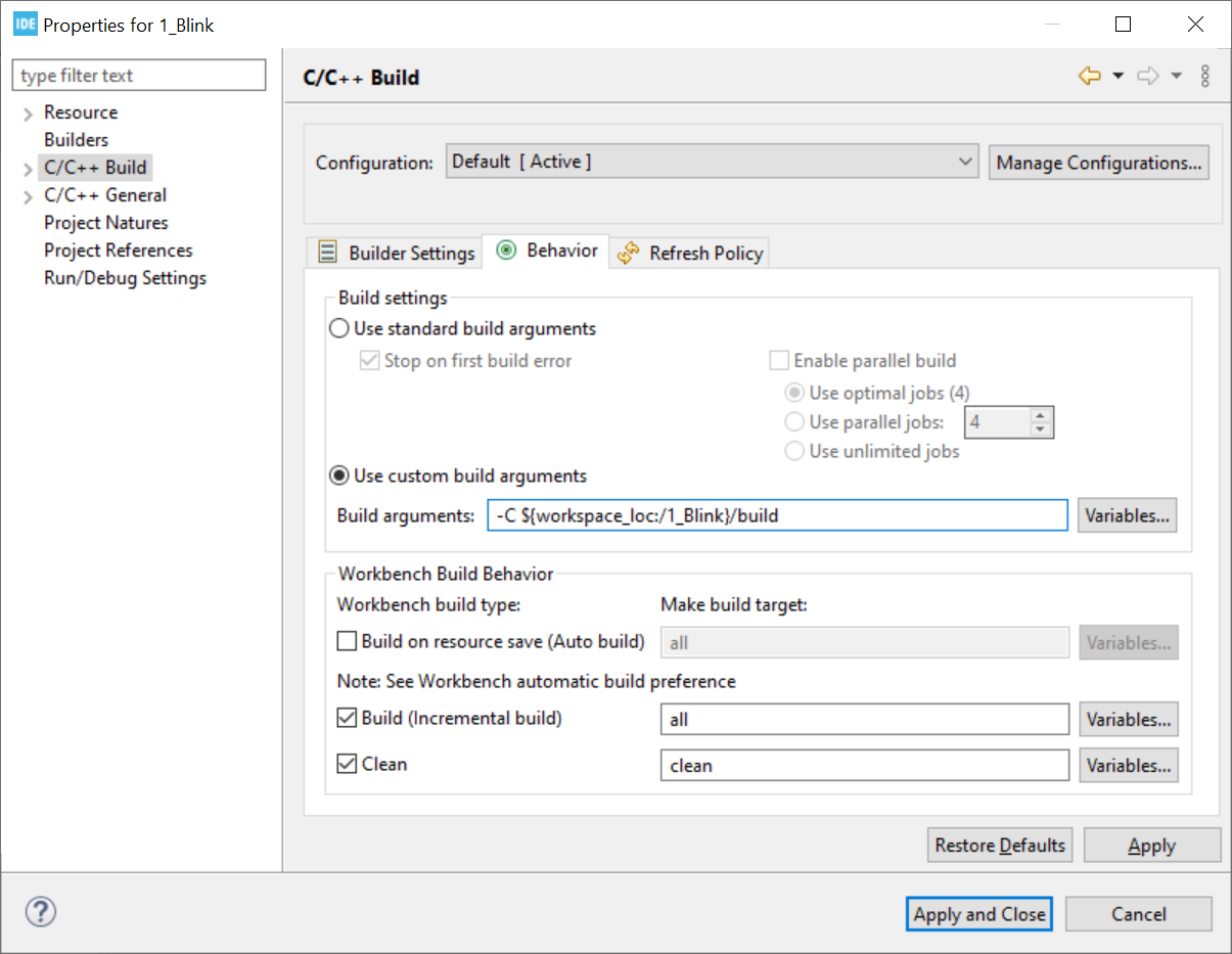 CubeIDE C/C++ build Behavior settings for the imported project
