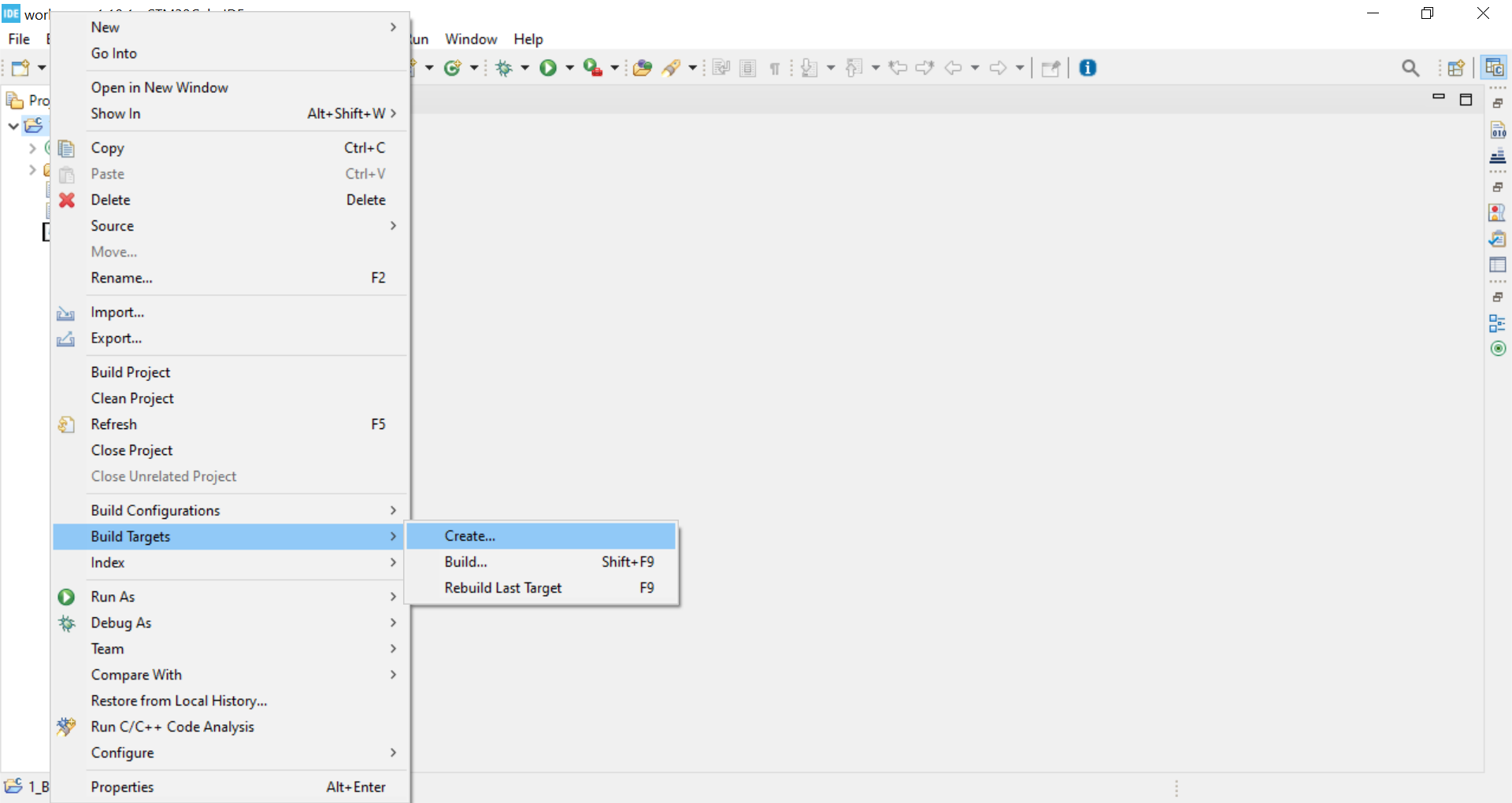 CubeIDE project menu with Build targets and Create selected