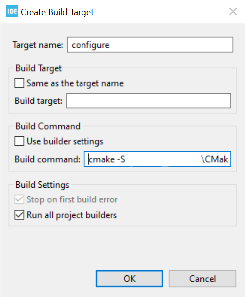 CubeIDE dialog for creating a CMake build target