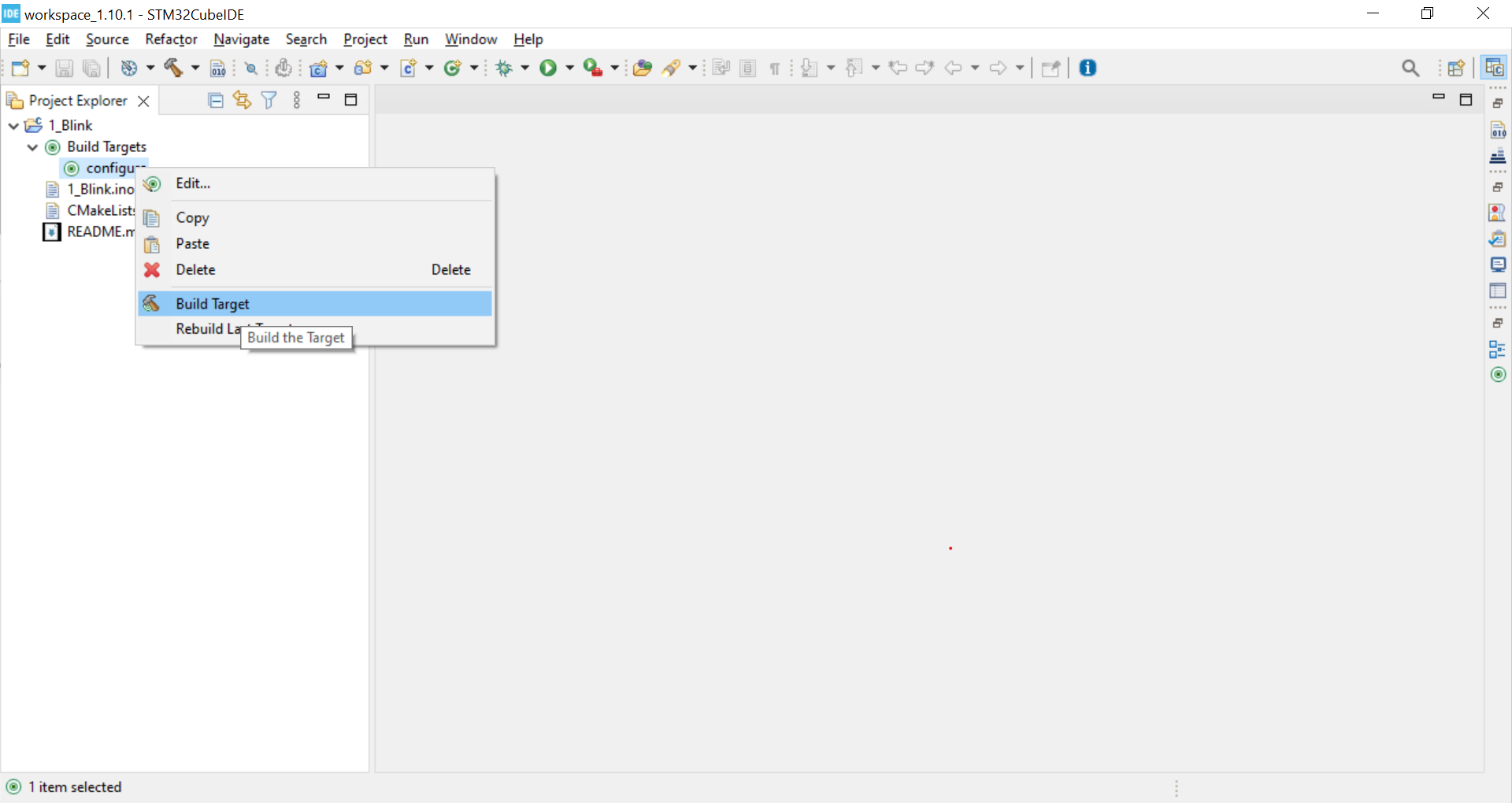CubeIDE view for running the configured CMake build target