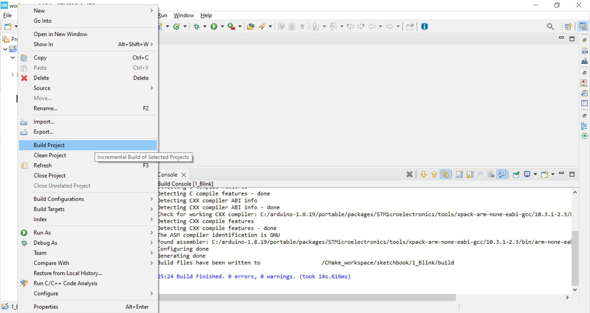 CubeIDE project menu with Build project selected