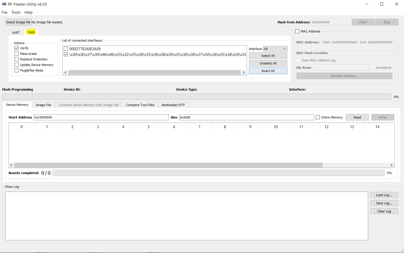 SWD tab of RF-Flasher Utility